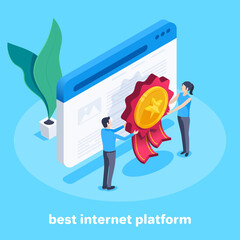 isometric vector image on a blue background, a man and a woman hang an award on the website page, be