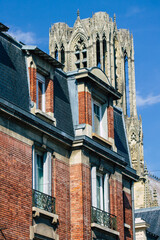 View of the facade of a historical building located in Reims, a city in the Grand Est region of France and one of the oldest in Europe