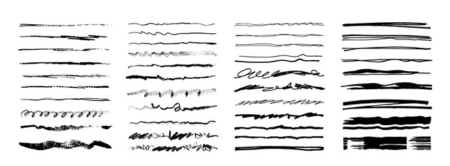 Set of hand drawn line borders, sketch strokes isolated on white. Vector grunge brushes.