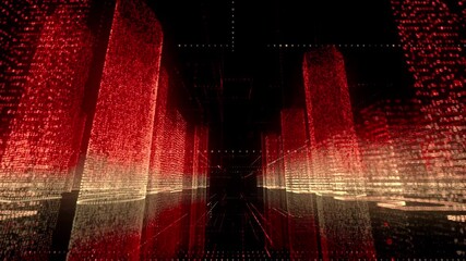 Wall Mural - bright beautiful neon wireframe of abstract digital city center with skyscrapers which consists of red and white symbols on black background. Digital technology and business concept. 3d rendering 4K