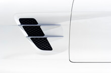 Sport Car Bodywork, Detail Of White Racing Vehicle With Air Intake, Automobile Industry