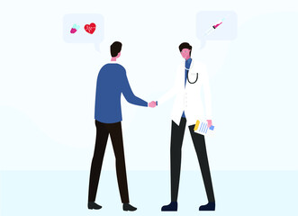 Wall Mural - Health day vector concept: Young patient and male doctor handshaking after doing consultation in the clinic 