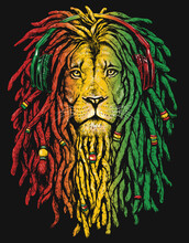 Pen And Inked Rastafarian Lion Digital Illustration On Black Background. 