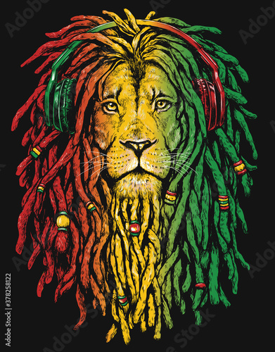 Cuadros en Lienzo Pen and inked Rastafarian Lion digital illustration on black background