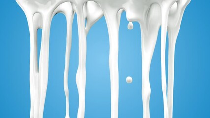 Wall Mural - slow motion close up milk liquid dripping drop on blue background. 3d animation with alpha matte. 4k