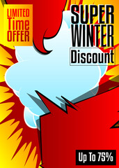 Comic book winter sale social media post desig. Cartoon colored poster template. Vector comics premium backdrop illustration.