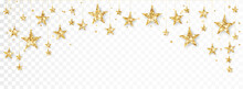 Holiday Decoration, Gold Glitter Border With Stars. Festive Vector Background Isolated On White. Golden Garland, Frame. For Christmas And New Year Banners, Headers, Birthday Cards.
