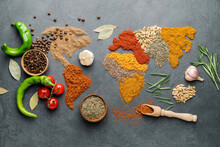 World Map Made Of Different Spices On Grey Background