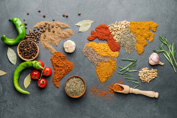 World map made of different spices on grey background