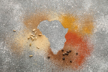 Continent Africa made of spices on grey background