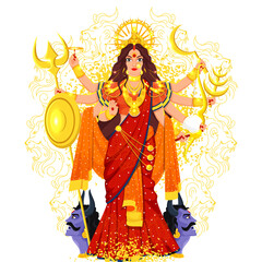 Wall Mural - Hindu Mythology Goddess Durga Maa with Mahishasura Face and Yellow Noise Grunge Effect on Line Art Lion Pattern Background.