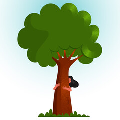 Sticker - Cartoon Female Hugging a Big Tree on White and Sky Blue Background.