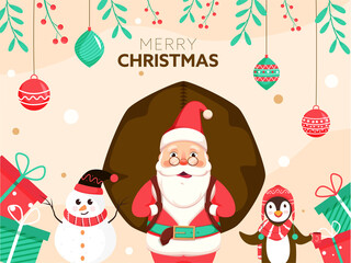 Wall Mural - Illustration of Santa Claus Lifting a Heavy Sack with Cartoon Penguin, Snowman, Gift Boxes and Hanging Baubles Decorated Background for Merry Christmas.