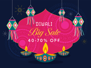 Wall Mural - Diwali Big Sale Poster Design with 40-70% Discount Offer, Illuminated Oil Lamps (Diya) and Hanging Lanterns on Pink and Blue Mandala Pattern Background.