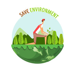 Sticker - Cartoon Man Gardening on Half Green Globe for Save Environment Concept.