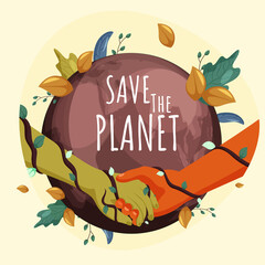 Wall Mural - Illustration of Earth Globe with Handshake Between Human and Eco Green Hands on Light Yellow Background for Save The Planet Concept.