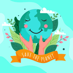 Wall Mural - Save The Planet Text Ribbon with Hands Holding Smiley Earth Globe and Leaves on Turquoise Background.