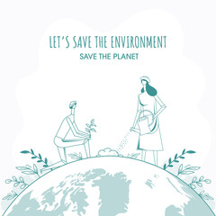 Poster - Doodle Style Cartoon Man and Woman Gardening on Earth Globe Background for Save The Environment & Planet Concept.