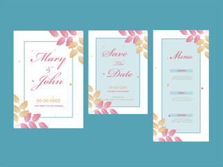 Sticker - Leaves Decorated Invitation Card, Save The Date, Menu Template Layout for Wedding.