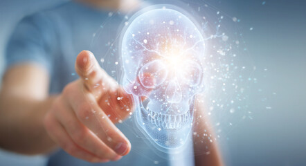 Poster - Man using digital x-ray skull holographic scan projection 3D rendering