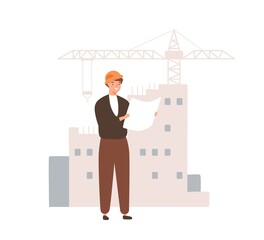 Aufkleber - Male builder looking at plan of constructing vector flat illustration. Man engineer watching on scheme of project standing at construction site isolated on white. Foreman or contractor in hard hat