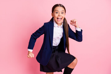 Poster - Portrait of her she nice attractive pretty funny girlish cheerful cheery glad overjoyed pre-teen girl dancing rejoicing having fun good mood isolated over pink pastel color background