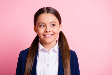 Sticker - Close-up portrait of her she nice-looking attractive intelligent cheerful cheery long-haired girl thinking new academic year semester isolated over pink pastel color background