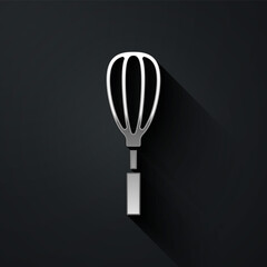 Wall Mural - Silver Kitchen whisk icon isolated on black background. Cooking utensil, egg beater. Cutlery sign. Food mix symbol. Long shadow style. Vector Illustration.