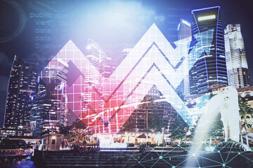 Double exposure of arrows growing up hologram and cityscape background. Concept of success.