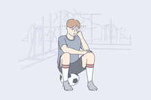 Sport, Game, Football, Depression, Frustration, Mental Stress Concept. Young Unhappy Depressed Frustrated Sad Boy Child Kid Soccer Player Sitting On Ball. Active Recreation Or Loneliness Illustration.