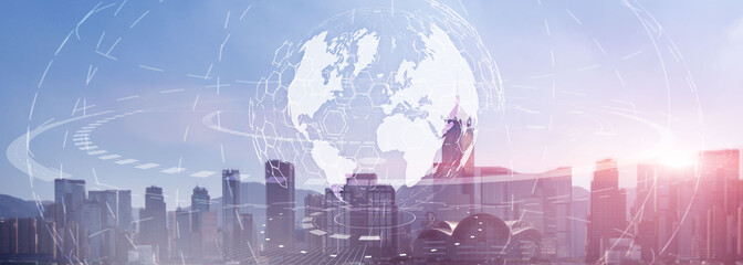 Wall Mural - Globe Global business technology concept of modern city background. Website header.