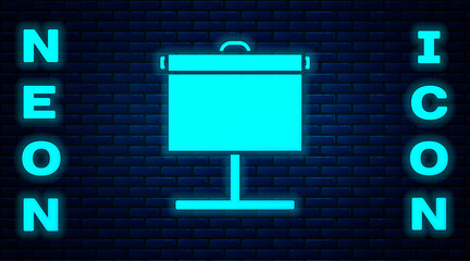 Wall Mural - Glowing neon Projection screen icon isolated on brick wall background. Business presentation visual content like slides, infographics and video. Vector Illustration.