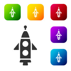 Wall Mural - Black Rocket ship icon isolated on white background. Space travel. Set icons in color square buttons. Vector.