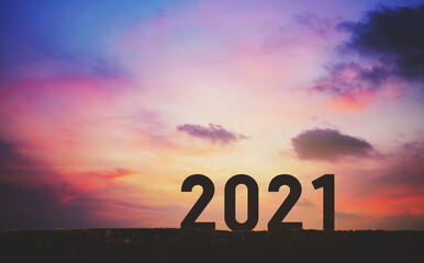 Wall Mural - New year 2021 with sunset sky background