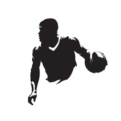 Wall Mural - Basketball player running with ball, dribbling. Isolated vector silhouette, ink drawing, front view. Basketball point guard illustration