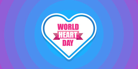 Wall Mural - world heart day horizontal banner or background with heart isoalted on blue layout.