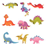 Fototapeta Dinusie - Funny Dinosaurs as Ancient Reptiles Isolated on White Background Vector Set