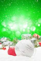 Fototapete - Christmas greeting card with decor in snow