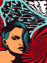 Wall Mural - bold retro or vintage style design of a sexy young girl with blue hair and red and black alternating
