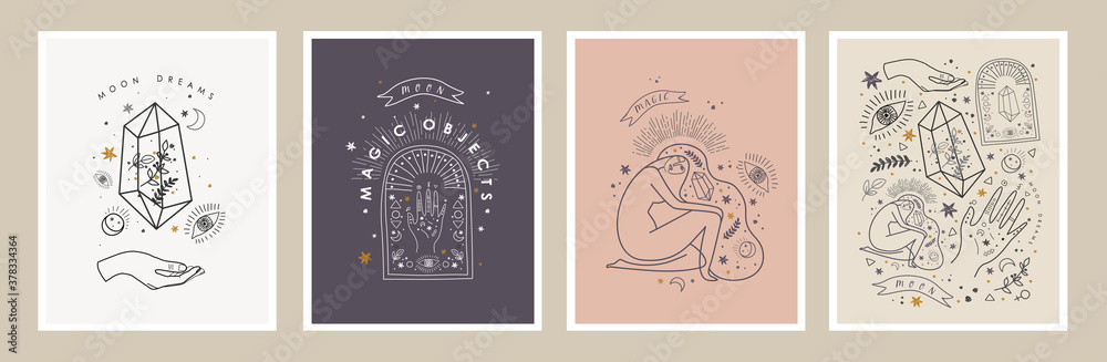 Moon dreams and magic objects. Vector illustrations of crystal, woman, eye, hand, plant, star for astrology, esoteric and horoscope
 - obrazy, fototapety, plakaty 