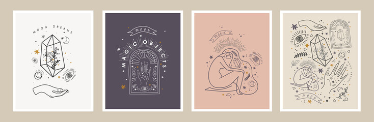 moon dreams and magic objects. vector illustrations of crystal, woman, eye, hand, plant, star for as