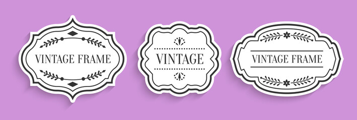Poster - Retro vintage white labels paper cut set with shadow. Different shape empty border tag menu sale price with decorative elements. Package template for text banner, sticker. Isolated vector illustration