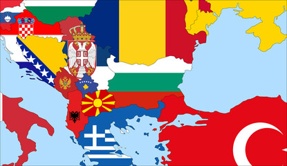 Wall Mural - Center the map of Bulgaria. Vector maps showing Bulgaria and neighboring countries. Flags are indicated on the country maps, the most recent detailed drawing.