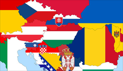 Wall Mural - Center the map of Hungary. Vector maps showing Hungary and neighboring countries. Flags are indicated on the country maps, the most recent detailed drawing.