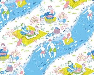 Vector seamless illustration for families enjoying water play by catching fish in a stream in summer. The modern design of Korea. Design for fabric, web design, print project, and rapping