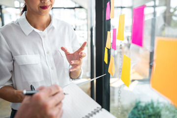 Aufkleber - Business team working marketing growth on financial document graph report statistics, using post it notes in glass wall to writing strategy business plan to development grow to success
