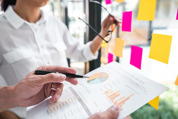 Poster - Business team working marketing growth on financial document graph report statistics, using post it notes in glass wall to writing strategy business plan to development grow to success