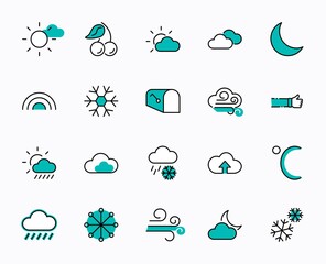 Poster - Set of Weather vector line icons. Contains symbols of the sun, clouds, snowflakes, wind, rainbow, moon and much more. Editable Stroke. 32x32 pixels.