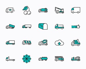 Wall Mural - Truck Set of Transport Vector Line Icons. Contains such Icons as Truck, Transportation, Tow Truck, Cranes, Mixer, Garbage Truck, Manipulators, Delivery service and more. Editable Stroke. 32x32 Pixel