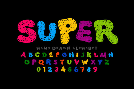 Hand drawn doodle style kids font, alphabet letters and numbers vector illustration